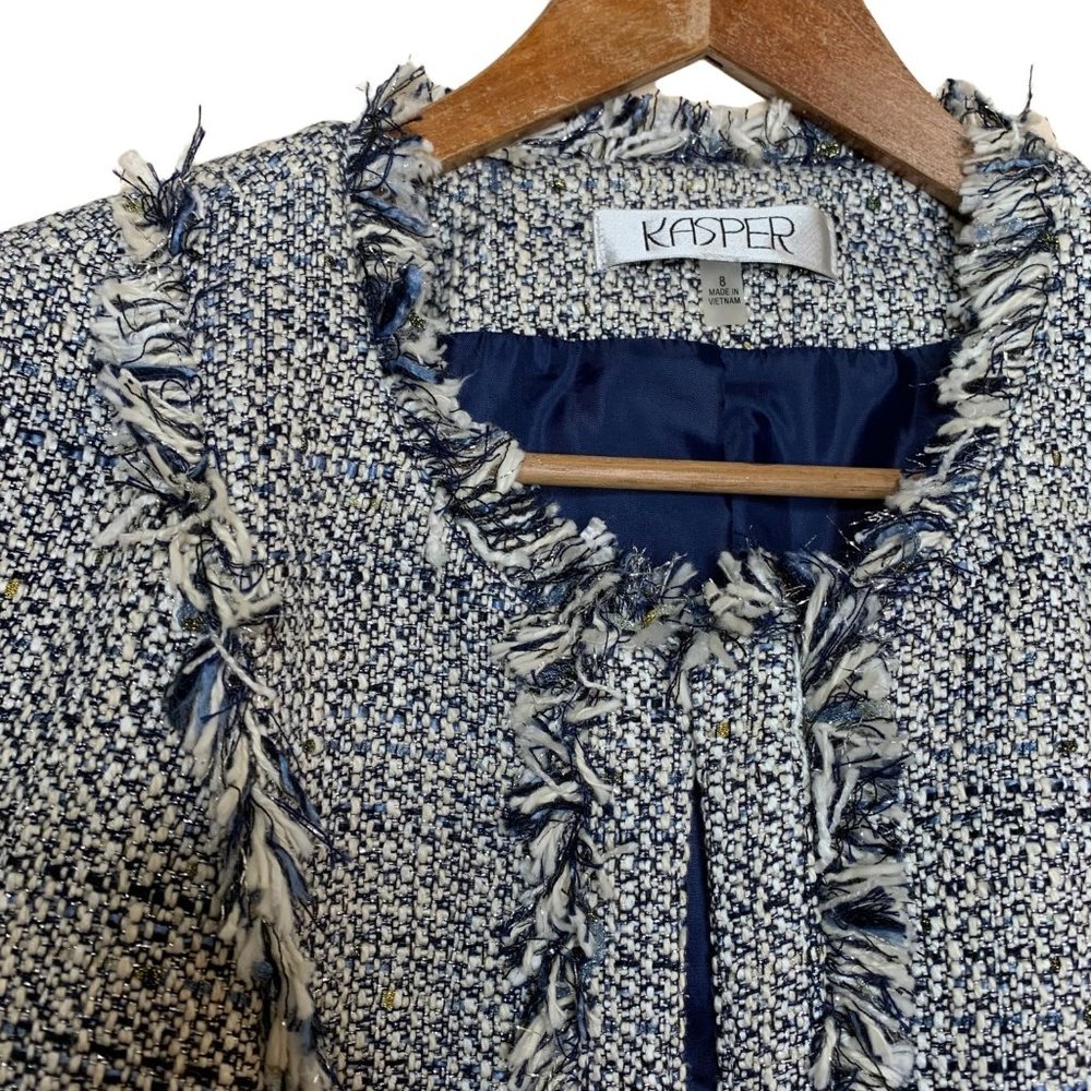 Kasper Flyaway Novelty Blazer Tweed Fringe Jacket Open Front Blue White Gold 8 - Picture 5 of 11